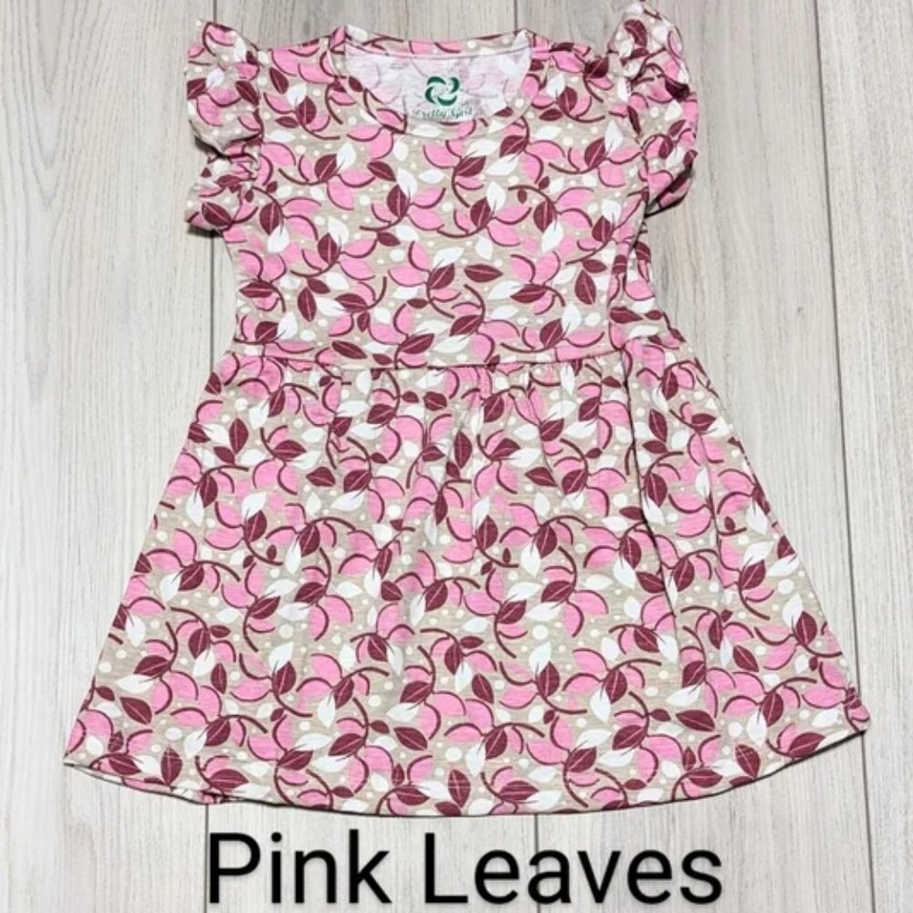 Toddler Girls Ruffle Sleeves Cotton Dress –Pink Leaves Print, NWOT , Casual Wear